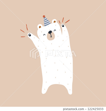 Cute party bear with a party hat. White cartoon bear great for apparel prints, poster, cards. Vector illustration Cute party bear with a party hat. White cartoon bear great for apparel prints, poster, cards. Vector illustration 122425033