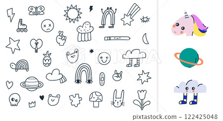 Kids coloring page with cute doodle elements. Outline cartoon childish stickers. Vector background Kids coloring page with cute doodle elements. Outline cartoon childish stickers. Vector background 122425048