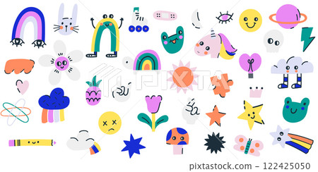 Set of creative cartoon elements stickers. Modern kids design badges. Vector collection Set of creative cartoon elements stickers. Modern kids design badges. Vector collection 122425050