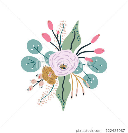 Floral composition with flowers, branches, berries .Ready design for greeting card, posters, apparel 122425087