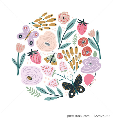 Floral composition with flowers, branches, butterflies, berries. Floral circle. Ready design for greeting card, posters, apparel 122425088