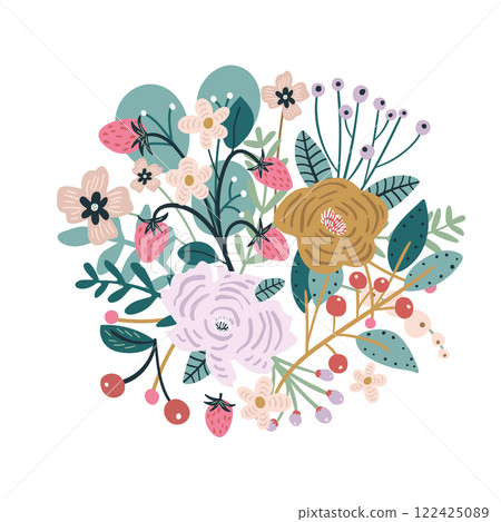 Floral composition with flowers, branches, strawberry, berries .Ready design for greeting card, posters, apparel Floral composition with flowers, branches, strawberry, berries .Ready design for greeting card, posters, apparel 122425089