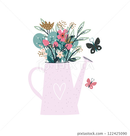 Floral composition with flowers, branches, berries butterflies in a watering can. Summer concept. Ready design for greeting card, posters, apparel Floral composition with flowers, branches, berries butterflies in a watering can. Summer concept. Ready design for greeting card, posters, apparel 122425090
