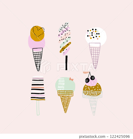Creative hand drawn ice cream set. Vector summer background. great for poster, stickers, apparel design Creative hand drawn ice cream set. Vector summer background. great for poster, stickers, apparel design 122425096