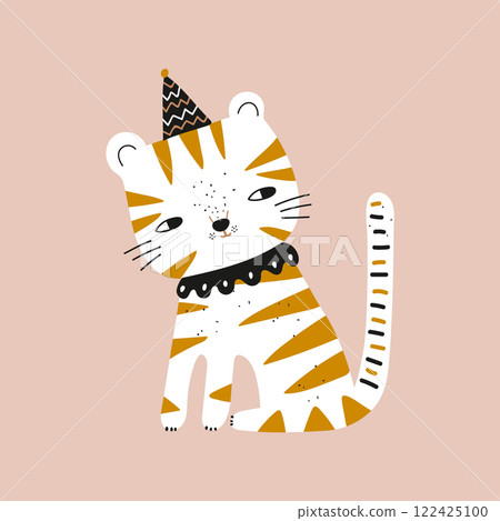 Cute cartoon tiger in party hat. Childish circus print for nursery, kids apparel,poster, postcard. Vector Illustration Cute cartoon tiger in party hat. Childish circus print for nursery, kids apparel,poster, postcard. Vector Illustration 122425100