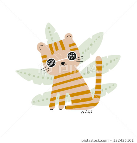 Cute cartoon tiger in sunglasses Childish summer print for nursery, kids apparel,poster, postcard. Vector Illustration Cute cartoon tiger in sunglasses Childish summer print for nursery, kids apparel,poster, postcard. Vector Illustration 122425101