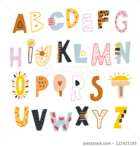 Decorative kids alphabet. Creative abc isolated. Vector illustration 122425103