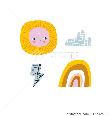 Cute weather icons. Cartoon sun, flash, cloud, rainbow isolated on white. Vector illustration Cute weather icons. Cartoon sun, flash, cloud, rainbow isolated on white. Vector illustration 122425105