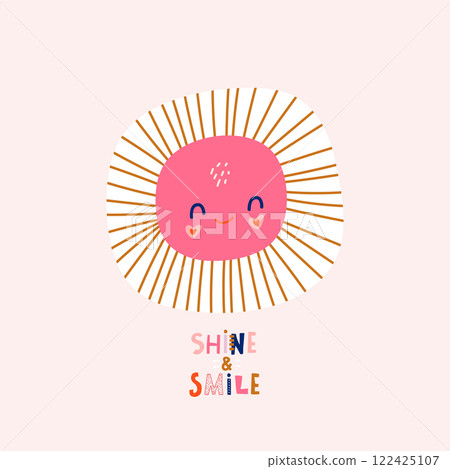 Cartoon sun character with hand drawn lettering isolated phrase. Great for poster, card, apparel print, decor. Vector illustration Cartoon sun character with hand drawn lettering isolated phrase. Great for poster, card, apparel print, decor. Vector illustration 122425107