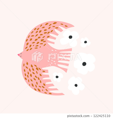 Pink creative bird in Scandinavian style. Hand drawn bird with flowers.Vector illustration 122425110