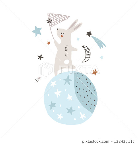 Cute rabbit with catching stars isolated on white. Children's print for clothes, nursery, postcards, posters. Vector illustration 122425115