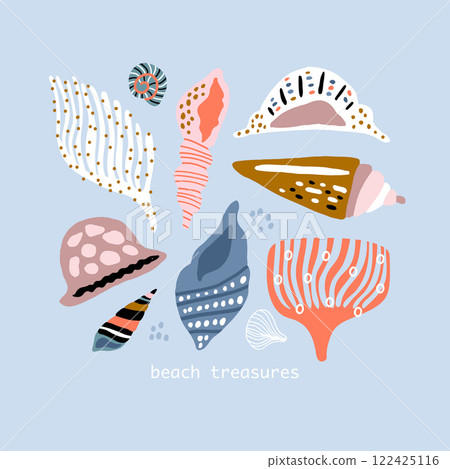 Creative hand drawn seashells marine concept. Vector illustration 122425116
