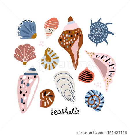 Creative seashells isolated on white. Marine premed composition. Great for card, poster, apparel. Vector illustration Creative seashells isolated on white. Marine premed composition. Great for card, poster, apparel. Vector illustration 122425118