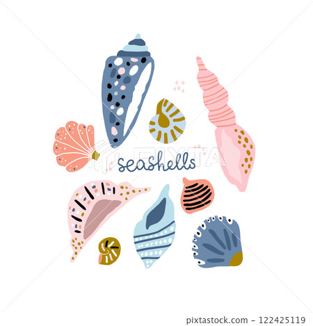 Collection of hand drawn seashells. Ready marine composition isolated on white. Vector illustration Collection of hand drawn seashells. Ready marine composition isolated on white. Vector illustration 122425119