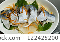 Handmade marinated mackerel rice bowl, decorated with carrots, daikon radish, and shiso leaves, giving it a Japanese flavor 122425200