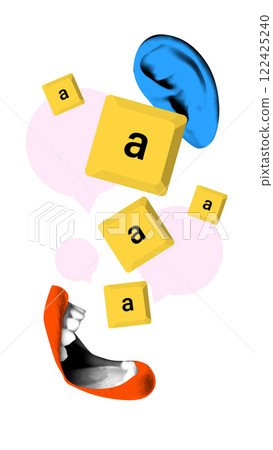 Conceptual art design. Large red mouth speaks, scattering yellow lettered blocks, while blue ear listens, representing fragmented speech. 122425240