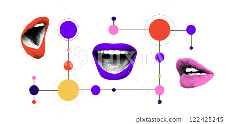 Creative art collage. Vibrant lips linked by abstract geometric nodes form surreal visualization of speech, social connections, and digital network of communication. Creative art collage. Vibrant lips linked by abstract geometric nodes form surreal visualization of speech, social connections, and digital network of communication. 122425245