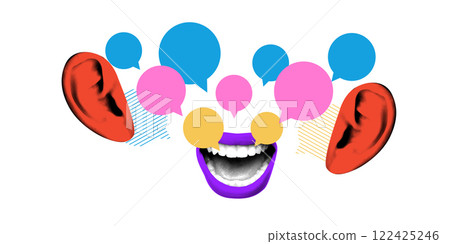 Creative art collage. Large purple lips with speech bubbles and red ears illustrate dynamic conversation, dialogue. Concept of listening and response. Creative art collage. Large purple lips with speech bubbles and red ears illustrate dynamic conversation, dialogue. Concept of listening and response. 122425246
