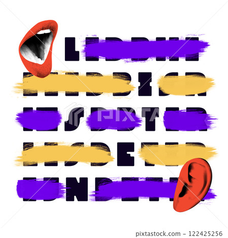 Creative art collage. Red lips and ears with bold painted text strokes symbolize miscommunication, and distortion of language in digital space. Creative art collage. Red lips and ears with bold painted text strokes symbolize miscommunication, and distortion of language in digital space. 122425256