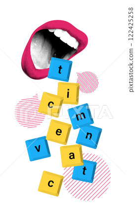 Modern artwork. Large pink lips with scattered lettered blocks symbolize speech, expression, and fragmentation of language in digital communication. 122425258