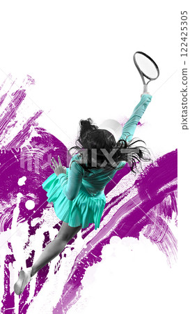 Modern art design. Female tennis player in sportswear leaping with racket executing powerful shot against expressive purple paint splash background. 122425305