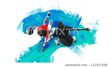 Contemporary art collage. Basketball players in action, one attempting fast break, another defending against vibrant blue brushstroke background. 122425306