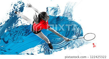 Contemporary art collage. Female badminton player lunging forward, extending racket, determined look, against swirling blue brushstroke background. Contemporary art collage. Female badminton player lunging forward, extending racket, determined look, against swirling blue brushstroke background. 122425322