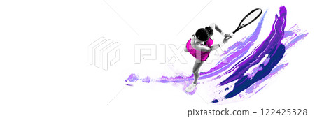 Banner. Creative art design. Female tennis player in action, executing strong backhand stroke against expressive purple brushstroke background. Banner. Creative art design. Female tennis player in action, executing strong backhand stroke against expressive purple brushstroke background. 122425328