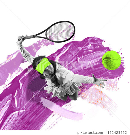 Modern art collage. Female tennis player leaping forward, reaching for ball with racket, against dynamic purple brushstroke background. 122425332