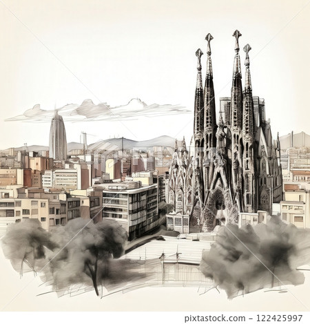 the AI Image Generator, Pencil Sketch of Iconic Basilica Overlooking Cityscape 122425997