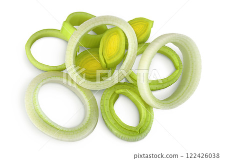 sliced Leek vegetable isolated on white background. Top view. Flat lay sliced Leek vegetable isolated on white background. Top view. Flat lay 122426038