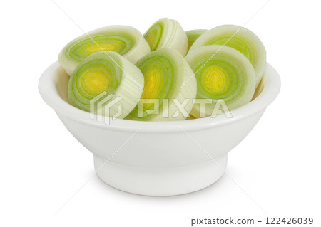 sliced Leek vegetable in ceramic bowl isolated on white background with full depth of field sliced Leek vegetable in ceramic bowl isolated on white background with full depth of field 122426039