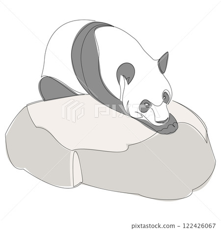 One line panda bear resting on a rock design silhouette. Hand drawn minimalism style vector illustration. One line panda bear resting on a rock design silhouette. Hand drawn minimalism style vector illustration. 122426067