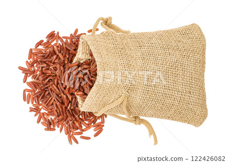 red rice in a bag isolated on white background. Top view. Flat lay red rice in a bag isolated on white background. Top view. Flat lay 122426082