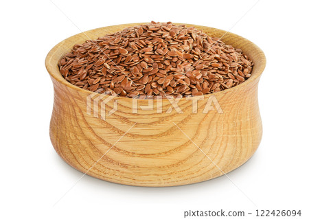 flaxseed in wooden bowl isolated on white background. Top view. Flat lay 122426094