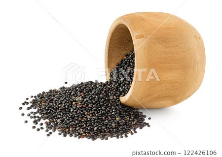 black quinoa in wooden bowl isolated on white background 122426106