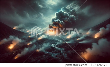 Volcano, smoke coming out of lava 122426372