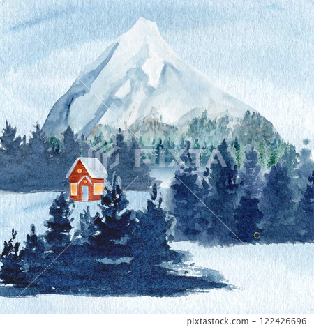 Red log house, conifer forest, and a mountain landscape composition on watercolor background. Nature design. High quality clip art perfect for cards, banners, posters, books decor. Winter in the north Red log house, conifer forest, and a mountain landscape composition on watercolor background. Nature design. High quality clip art perfect for cards, banners, posters, books decor. Winter in the north 122426696