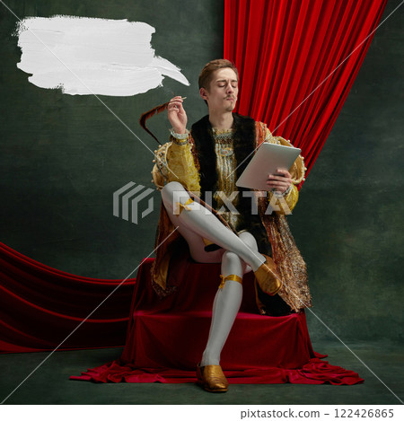 Portrait of young male royal person, duke working on tablet against dark green, vintage background with white speech bubble. Thoughts. Portrait of young male royal person, duke working on tablet against dark green, vintage background with white speech bubble. Thoughts. 122426865