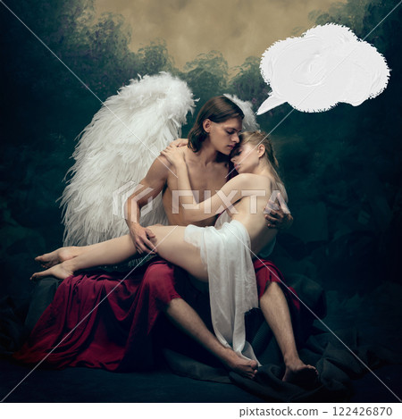 Winged male angel embraces tender woman against vintage background with abstract white speech bubble. Sense of tenderness and protection 122426870