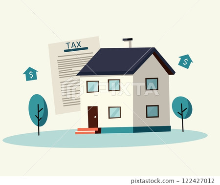 Illustration of a house with tax documents and dollar signs, representing property tax, real estate investment, and financial obligations. Illustration of a house with tax documents and dollar signs, representing property tax, real estate investment, and financial obligations. 122427012