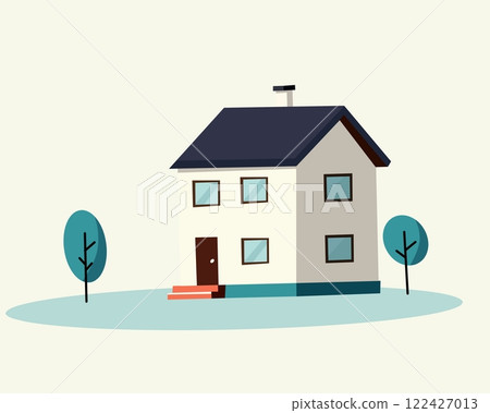 Minimalist illustration of a cozy house with trees, symbolizing home, real estate, and residential living Minimalist illustration of a cozy house with trees, symbolizing home, real estate, and residential living 122427013