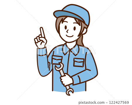 穿著工作服的女人_spanner_pointing_blue 穿著工作服的女人_spanner_pointing_blue 122427569