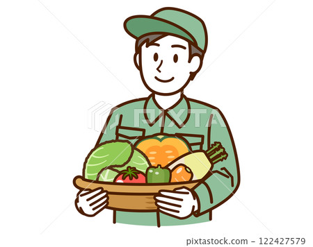 Man in work clothes _ holding vegetables _ green 122427579