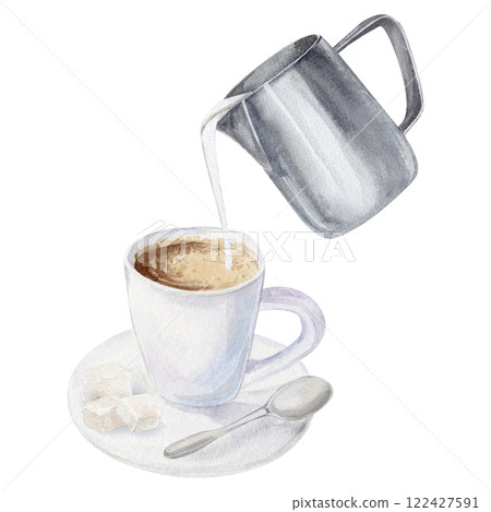 Watercolor with espresso coffee on a saucer with a coffee spoon and three pieces of refined sugar with added milk 122427591