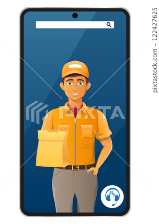 delivery man by phone courier service vector illustration 122427625