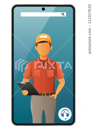 delivery man by phone courier service vector illustration 122427630