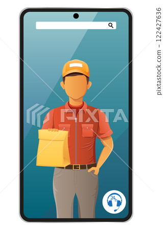 delivery man by phone courier service vector illustration 122427636