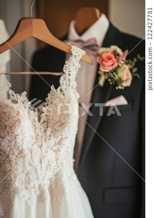 Wedding dress and groom suit with boutonniere on wooden hangers 122427781