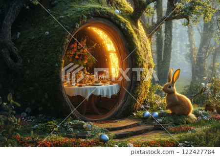 Magical Fairy Tale Forest with round hobbit-like home 122427784